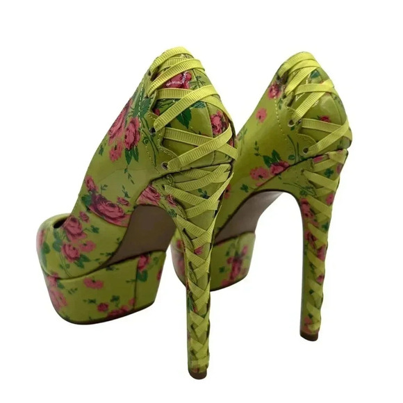 Betsey Johnson NEW Women 5M Floral Green High Heel Platform Pumps Lace Up Ribbon - Picture 3 of 15